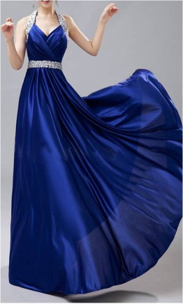 Blue Halter Neck Floor Length Satin Prom Dress KSP156