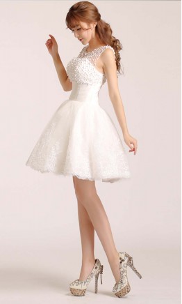 Cute White Short Lace Prom Dress with Pearl Mesh Top KSP239