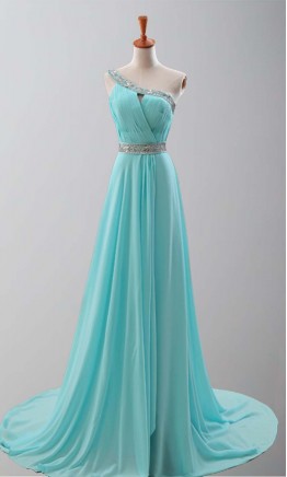 Goddess Teal Train One Shoulder Prom Dresses KSP251