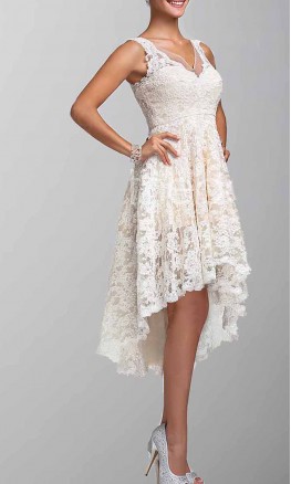 Ivory Lace V-neck High Low Bridesmaid Dresses KSP256