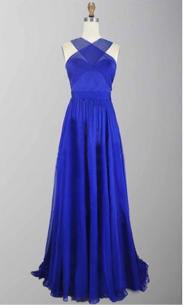 Blue Cross Strap Cut Out Back Long Prom Party Dress KSP273