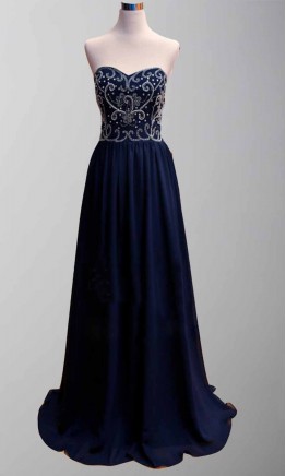 Dark Navy Blue Dazzling Embroidery Long Formal Dresses KSP285