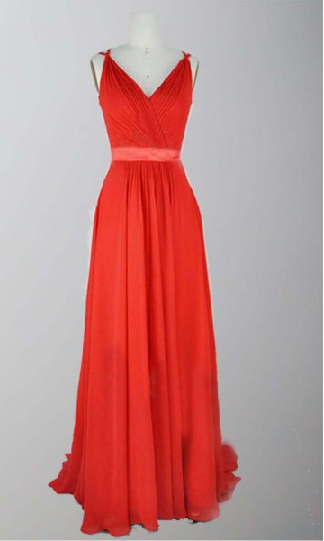 Red Long V-neck Chiffon Prom Party Dresses KSP288