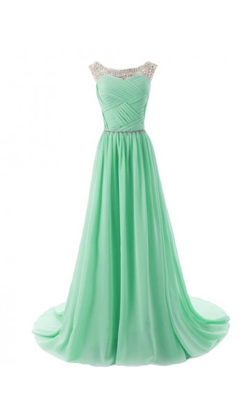 Round Lace Neckline Crossed Pleated Prom Dresses KSP298