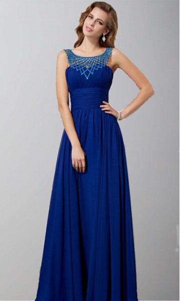 Blue Beading Round Neck Tunic Long Prom Dresses