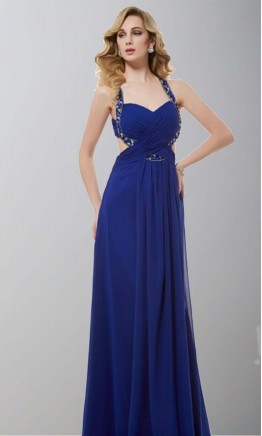 Blue Backless Cross Strap Long Prom Dresses