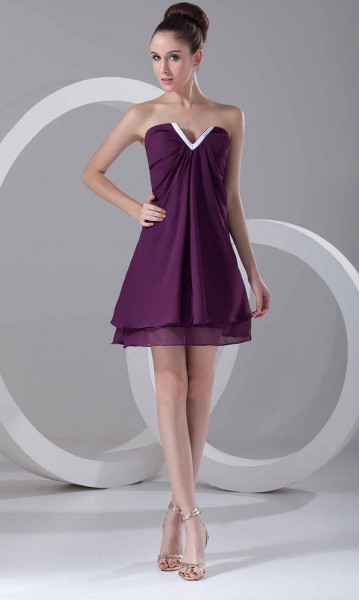 Burgundy Sweep V-neck Short Prom Dress Empire Waist