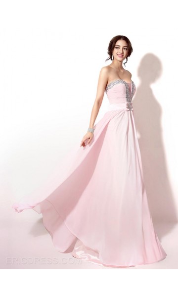 Crystal Sheer Plunge Long Pink Prom Dresses