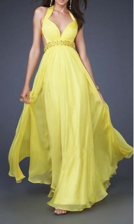 Flowing Yellow Halter Backless Long Prom Dresses KSP377