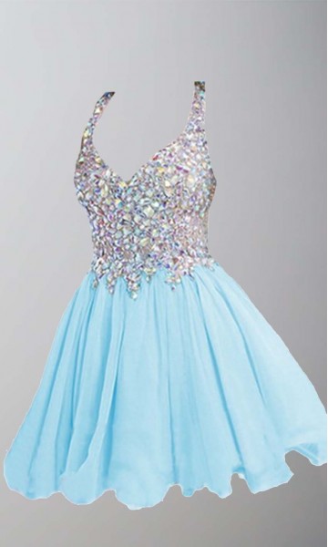 Deep V-neck Rhinestone Short Blue Graduation Dress