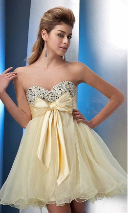 Pastel Yellow Sequin Empire Bowknot Short Prom Gown KSP392