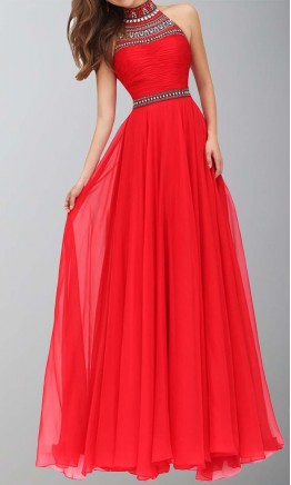 Long Red Prom Dresses with Jeweled High Neck KSP427