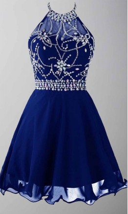 Short Blue Prom Dresses Jeweled Sheer Halter KSP439