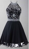 Short Blue Prom Dresses with Jeweled Halter Neckline