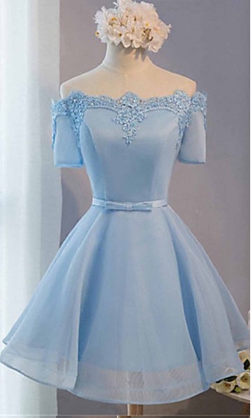 Cute Blue Off Shoulder Short Prom Dress Short Sleeves