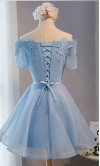 Cute Blue Off Shoulder Short Prom Dress Short Sleeves