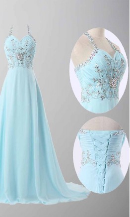 Sky Blue Halter Long Prom Dresses Lace Up Back KSP447