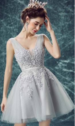 Grey Short Prom Dresses with Applique Lace Up