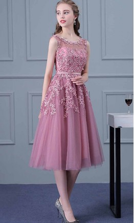 Floral Applique Lace Cowl Neck Mid-length Prom Gown