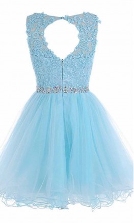 Sky Blue High Illusion Short Lace Prom Dresses KSP455