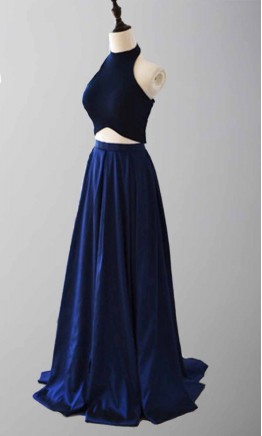 Halter Blue Colors Two Pieces Prom Dresses Long KSP462