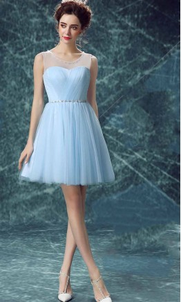 Cute Blue Illusion Prom Dress Short Keyhole Back KSP463