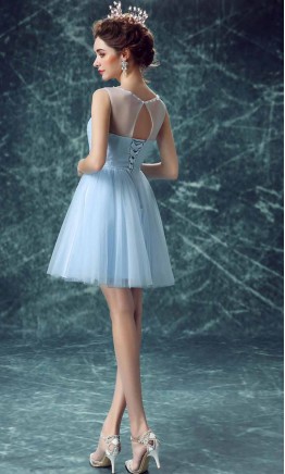 Cute Blue Illusion Prom Dress Short Keyhole Back KSP463