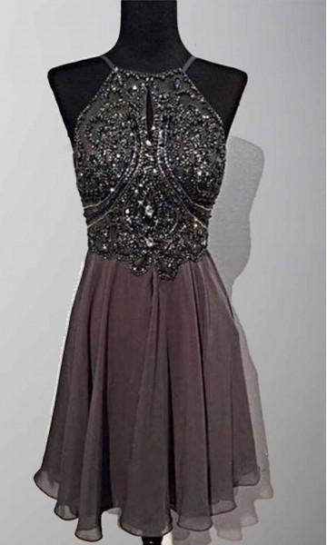 Short Jeweled Backless Halter Prom Dresses