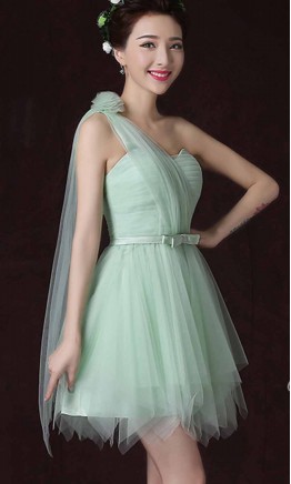 Mint One Shoulder Asymmetric Short Graduation Dresses KSP472