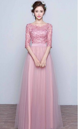 Pink Applique Bateau Half Sleeves Prom Dresses Long KSP473