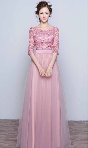 Appliqued Long Pink Prom Dresses with Half Sleeves