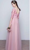 Appliqued Long Pink Prom Dresses with Half Sleeves