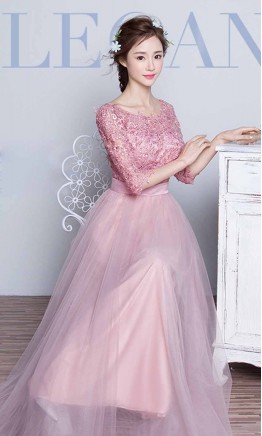 Pink Applique Bateau Half Sleeves Prom Dresses Long KSP473