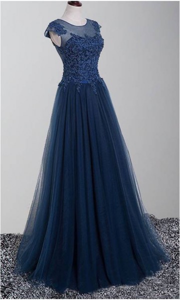 Long Blue Prom Dresses wirth Cap Sleeves