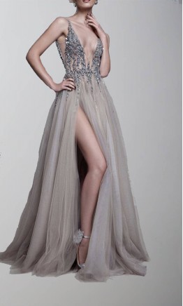 Sexy Sparkly Plunging V-neck Formal Prom Dresses Slit KSP491