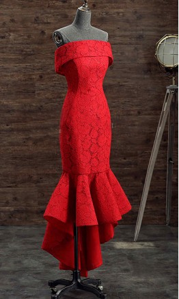 Off Shoulder Red Lace Short Mermaid Prom Dresses KSP492