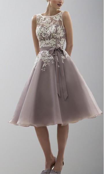 Tea Length Floral Lace Organza Bridesmaid Dresses Bowknot KSP494