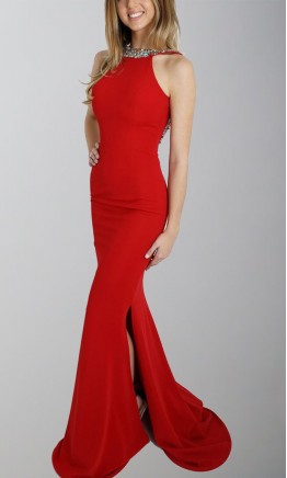 Red Sheath Embellished Backless Slit Prom Dresses KSP495