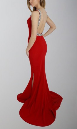 Red Sheath Embellished Backless Slit Prom Dresses KSP495