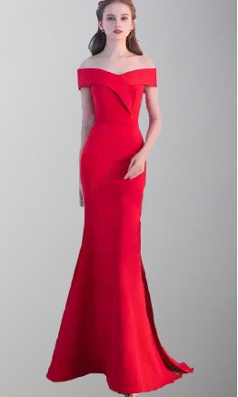 Slash Binding Collar Red Prom Dresses with Side Slit KSP500