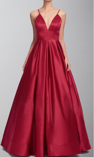 Spaghetti Straps Wine Prom Gowns with Plunging Neck