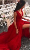 Flowy Long Red Plunge V-neck Slit Prom Dresses