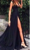 Flowy Long Red Plunge V-neck Slit Prom Dresses