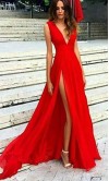 Flowy Long Red Plunge V-neck Slit Prom Dresses