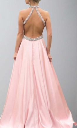 Embellishment Halter Light Pink Satin Puffy Prom Dresses KSP511