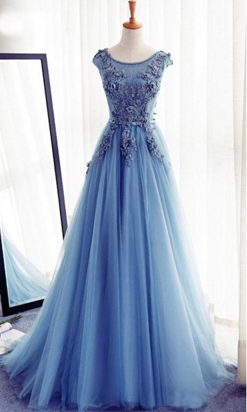 Flowers Embellished Sheer Lace Prom Gowns Long