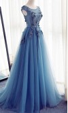 Flowers Embellished Sheer Lace Prom Gowns Long