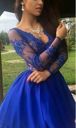 Prom Dresses Long Sleeve Blue Lace Knee Length KSP516