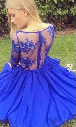 Prom Dresses Long Sleeve Blue Lace Knee Length KSP516