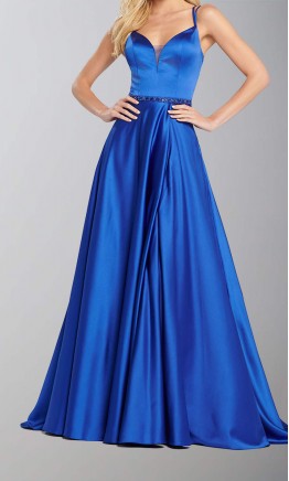 Long Blue Satin Prom Dresses Slit with Structed Waistband KSP521